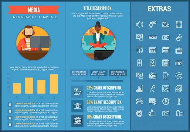 Modello di media infografica, elementi e icone