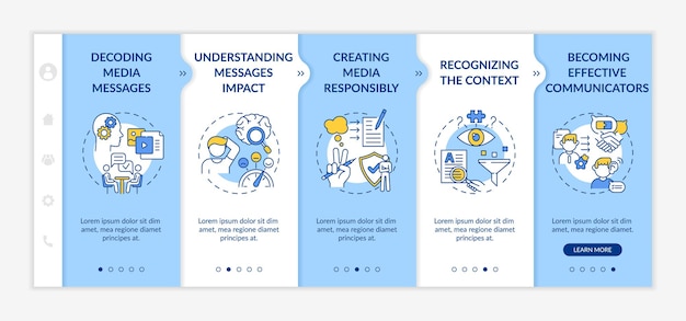 미디어 지식 요소 온 보딩 템플릿. 미디어 메시지 디코딩. 문맥 인식. 아이콘이있는 반응 형 모바일 웹 사이트. 웹 페이지 안내 단계 화면. RGB 색상 개념