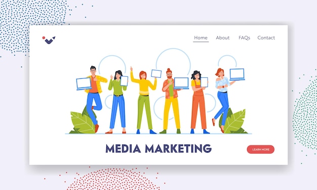 Media Marketing Landing Page Template Happy People Provide Presentation Of Goods Or Services Pointing To Pc Screens