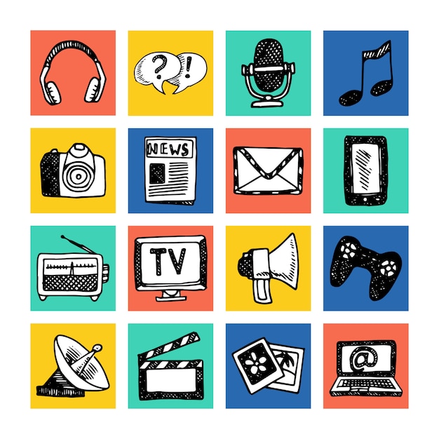 Vector media news information service broadcasting television icons set colored isolated vector illustration