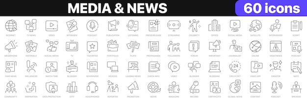 Media and news line icons collection Television blogging social media video promotion icons UI icon set Thin outline icons pack Vector illustration EPS10