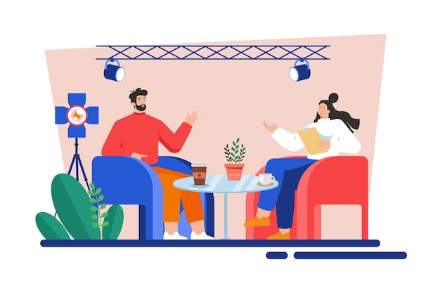 Media newsroom woman interview in a live studio Illustration concept on white background