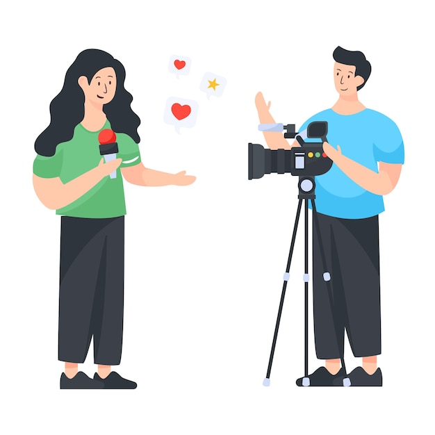 A media person with mic recording podcast flat illustration