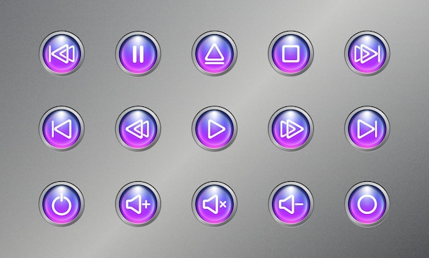 Vector media player button icon control set 3d realistic modern blue purple color with silver background