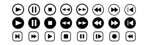 Media player button icons set Pause rewind fast forward Play video icon collection