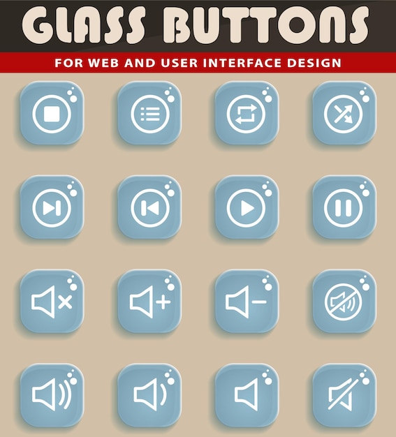 Icone web del lettore multimediale su pulsanti in vetro trasparente