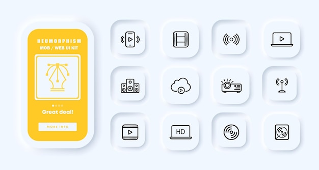 Media set icon Player film tape laptop speakers cloud storage projector hd record music video movie internet wifi Neomorphism UI phone app screen Vector line icon for Business