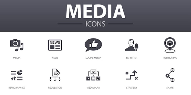 Media simple concept icons set. contains such icons as news, reporter, infographics, media plan and more, can be used for web, logo, ui/ux