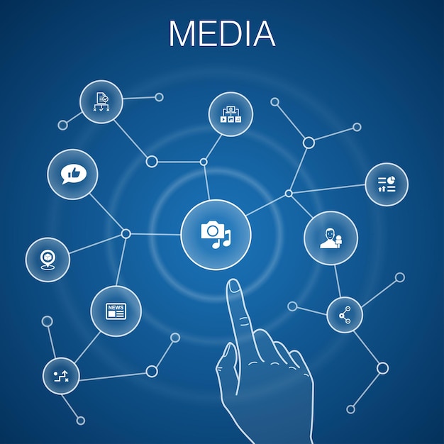 Vector mediaconcept, blauwe background.news, reporter, infographics, mediaplan iconen