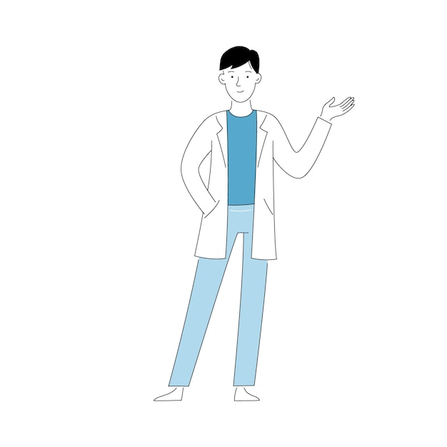 Carattere di doodle dell'uomo del medico. linea in stile cartone animato. persona terapeuta. illustrazione vettoriale isolata.