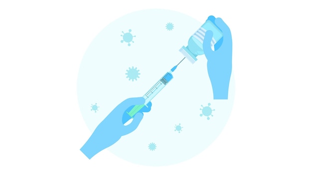 Medic Gloved Hands With Syringe VIrus Cartoon Concept Illustration Vector Design Style Coronavirus