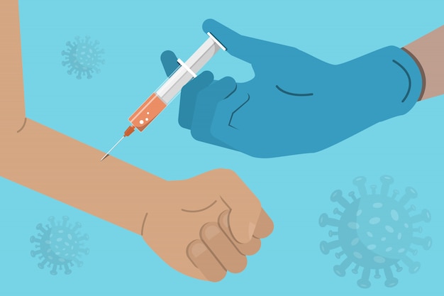 Вектор Медик рукой в перчатке прививает больного. вакцинация. медицина и здравоохранение. векторная иллюстрация запаса в плоском дизайне.