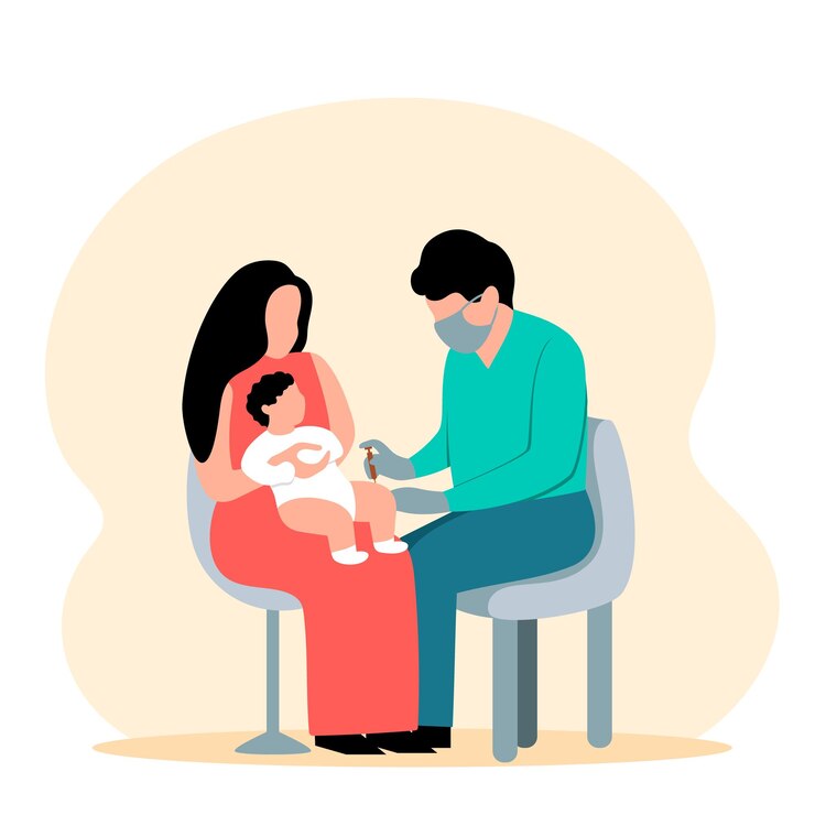 वेक्टर medic sitting near mother with little girl and makes antiviral injection to kid