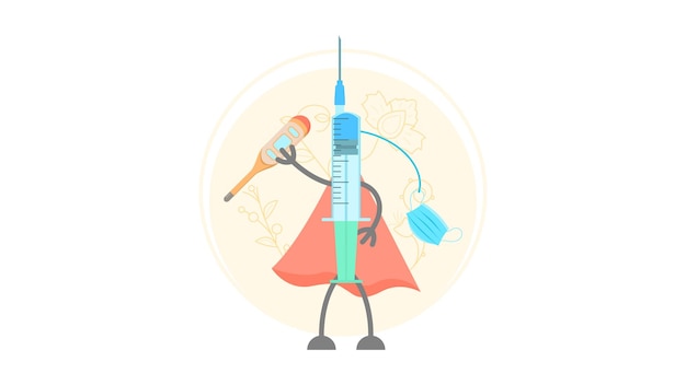 Medic Syringe In A Raincoat With Mask And Thermometer Cartoon People Character Concept Illustration