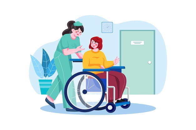 Medic Woman Helping Lady In A Wheelchair Illustration