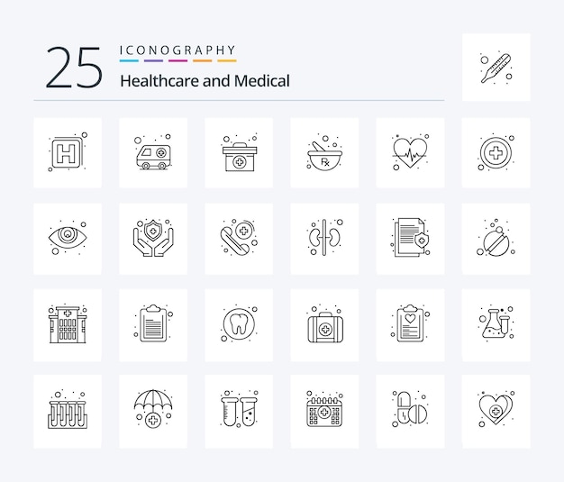 Medical 25 Line icon pack inclusief pulse beat medische voorbereiding kruiden