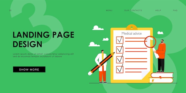 Vector medical advice checklist on clipboard flat landing page template