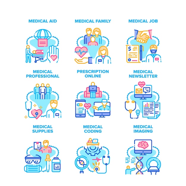 Medical Aid Job Set Icons Vector Illustrations. Medical Aid Job And Professional Family, Newsletter And Online Prescription, Medicine Supplies, Coding And Imaging Color Illustrations