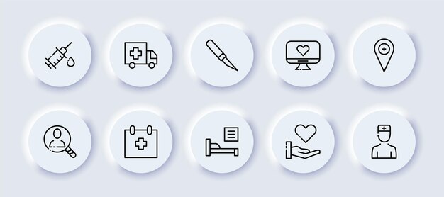 Medical aid set icon Syringe injection ambulance scalpel heart cardiogram cardiology location pointer cross doctor patient prescription calendar bed Healthcare concept Neomorphism