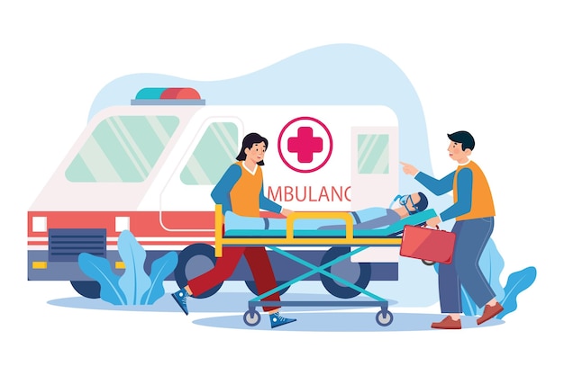 Medical assistant transferring the patient into an ambulance