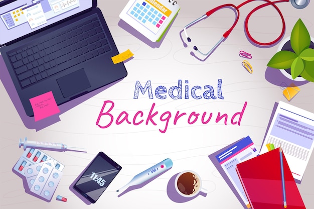 Medical background in cartoon design in top view Wallpaper with composition of stethoscope laptop