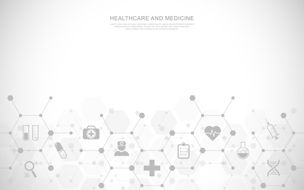 Vector medical background and healthcare technology with flat icons and symbols. design template of concept and idea for health care business, innovation medicine, health safety, science. vector illustration