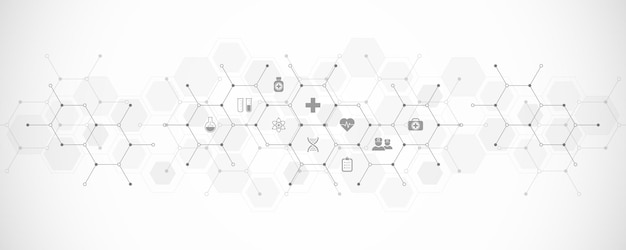 Vector medical background and healthcare technology with flat icons and symbols