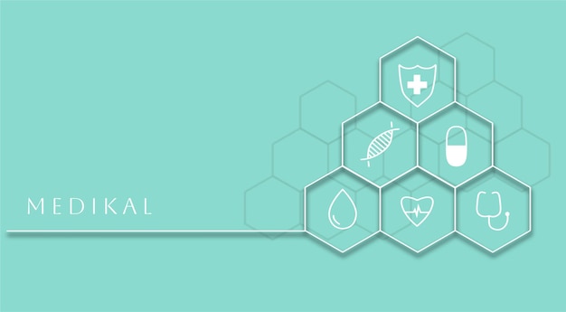 Medical background honeycomb and icons turquoise minimal illustration