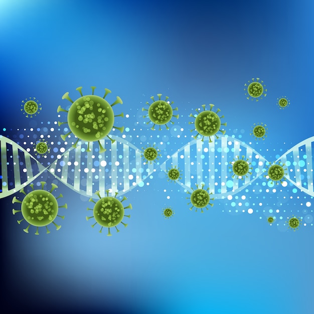 Sfondo medico con cellule virus astratte sul filamento di dna