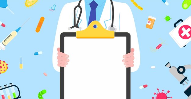 Medical banner concept flat style design poster Male man doctor employee on it holding clipboard