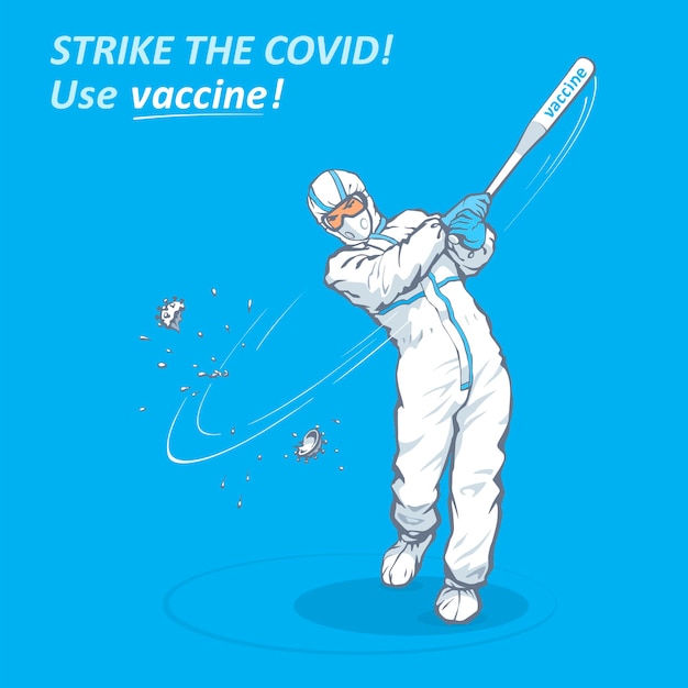 Strike Covid 사용 백신이라는 텍스트가 포함된 예방 접종 캠페인을 위한 의료 배너 디자인