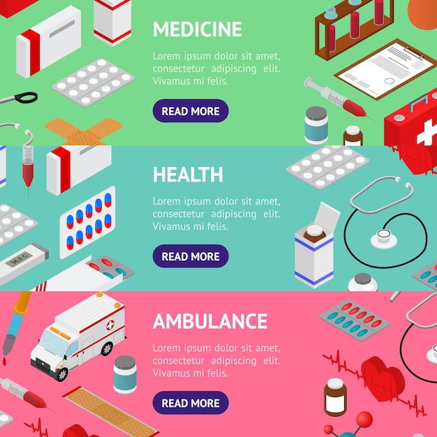 Medical Banner Horizontal Set Isometric View First Aid Emergency Help Concept for Web Vector illustration