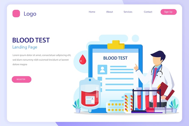 Medical blood test landing page website flat vector template