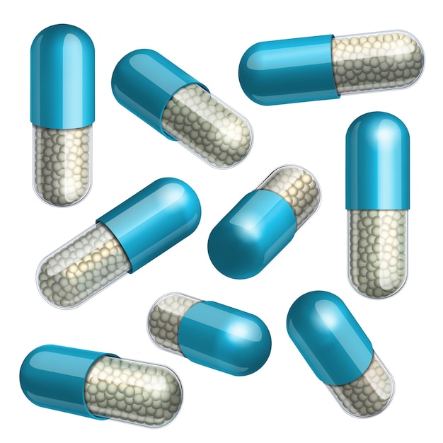 Medical blue capsule with granules in different positions. illustration