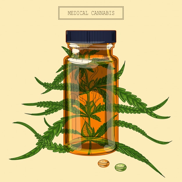 Medical cannabis branch and vial and pills