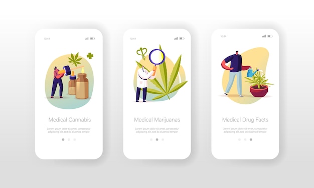 Medical Cannabis Mobile App Page Onboard Screen Template. Tiny Scientist Characters Growing and Preparing Medicine of Marijuana, Legal Drug for Personal Use Concept. Cartoon People Vector Illustration