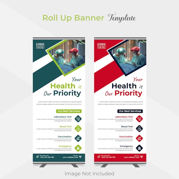 Vettore progettazione del modello di banner roll up per l'assistenza medica e sanitaria