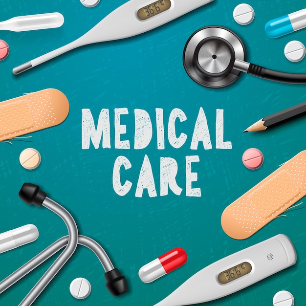 Medical care medicine template with medical supplies vector illustration