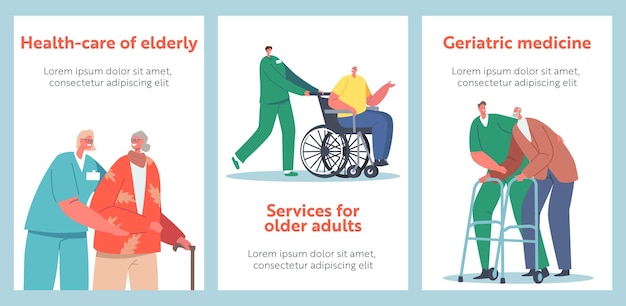 노인 배너 의료 의료 위생병은 요양원 또는 클리닉 사회 복지사 직원 휠체어 간호사 서비스 만화 벡터 포스터에 아픈 노인 케어에서 노인 장애인을 돕습니다.