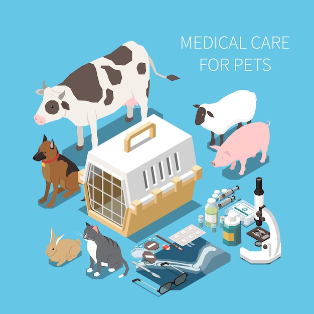 Vector medical care for pets farm animals isometric background composition with pills xray cow dog pig vector illustration