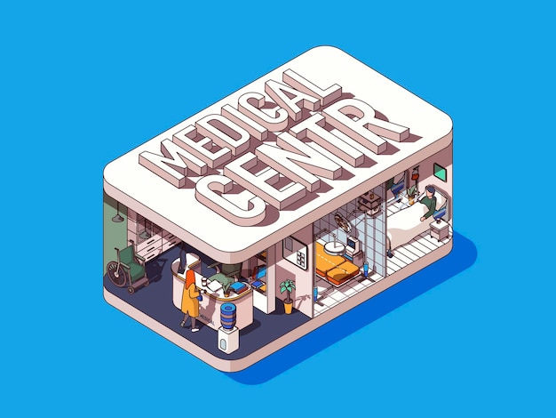 Medical center concept in 3d isometric graphic design hospital with reception various medical departments and patient wards vector illustration with people in isometric room interior for web banner