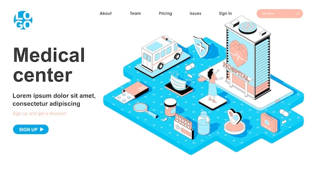 ランディングページの3dデザインの医療センターアイソメトリックコンセプト