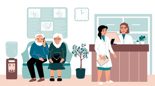 Medical center reception and waiting room Elderly patients Vector border