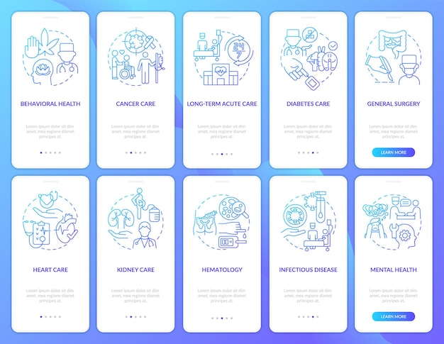 Medical center services blue gradient onboarding mobile app screen set