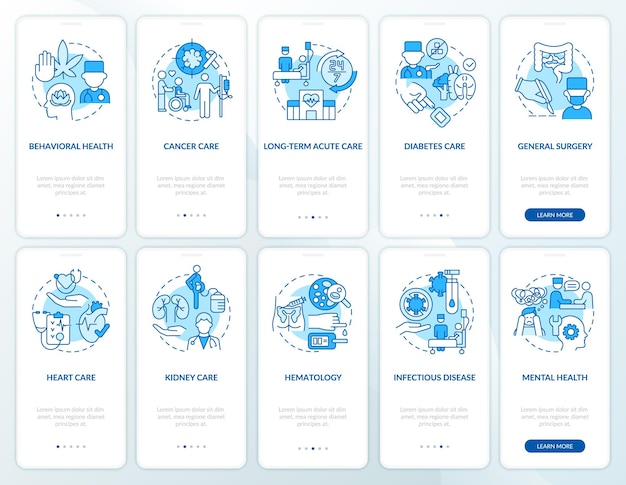 의료 센터 서비스 블루 온보딩 모바일 앱 화면 세트 의료 안내 선형 개념이 있는 5단계 그래픽 지침 페이지 UI UX GUI 템플릿 사용된 Myriad ProBold 일반 글꼴