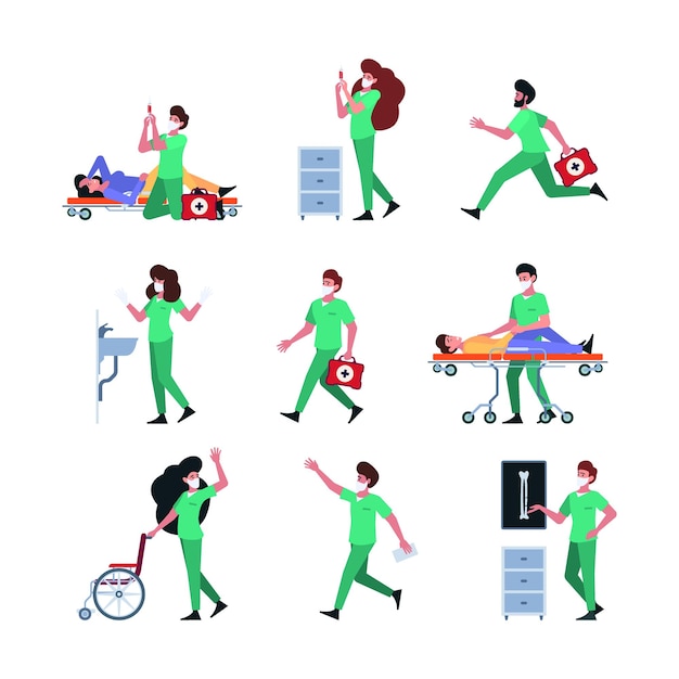 Medical characters Emergency nurse and doctors helping people protection life garish vector people medical stuff