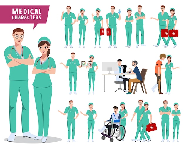 Vector medical characters vector set male and female doctor nurse and hospital staff holding medical kit