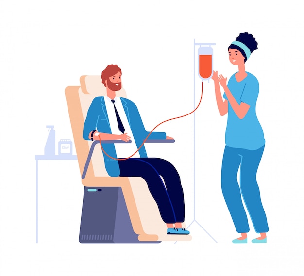 Medical check in. Man blood donor,   male volunteer and nurse. Transfusion donating or analysis in health center  illustration