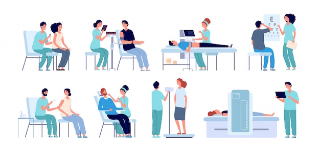 Medical check up. doctor checking patient, eyes test and physical health. hospital pre operation procedures. male female checkup  set