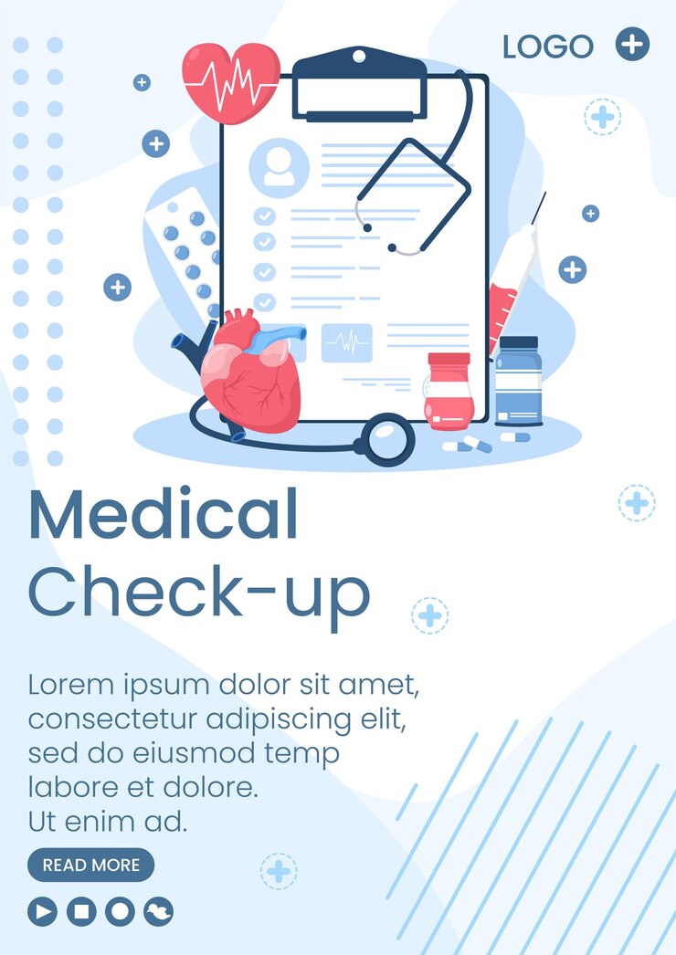Vector medical check up flyer template health care flat design illustration editable of square background for social media, greeting card or web
